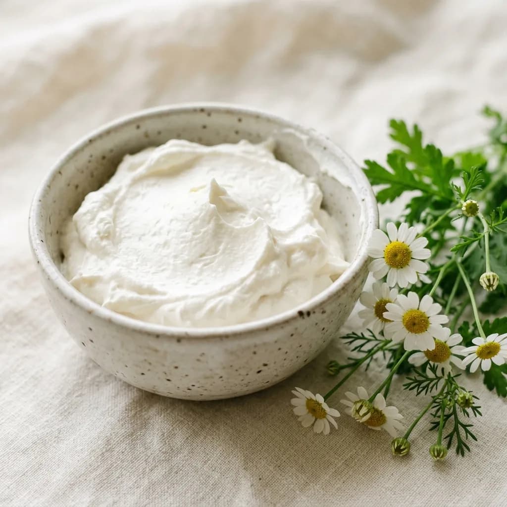 A soft botanical cream beside fresh chamomile